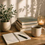 Sunlit Desk with Notebook and Coffee
